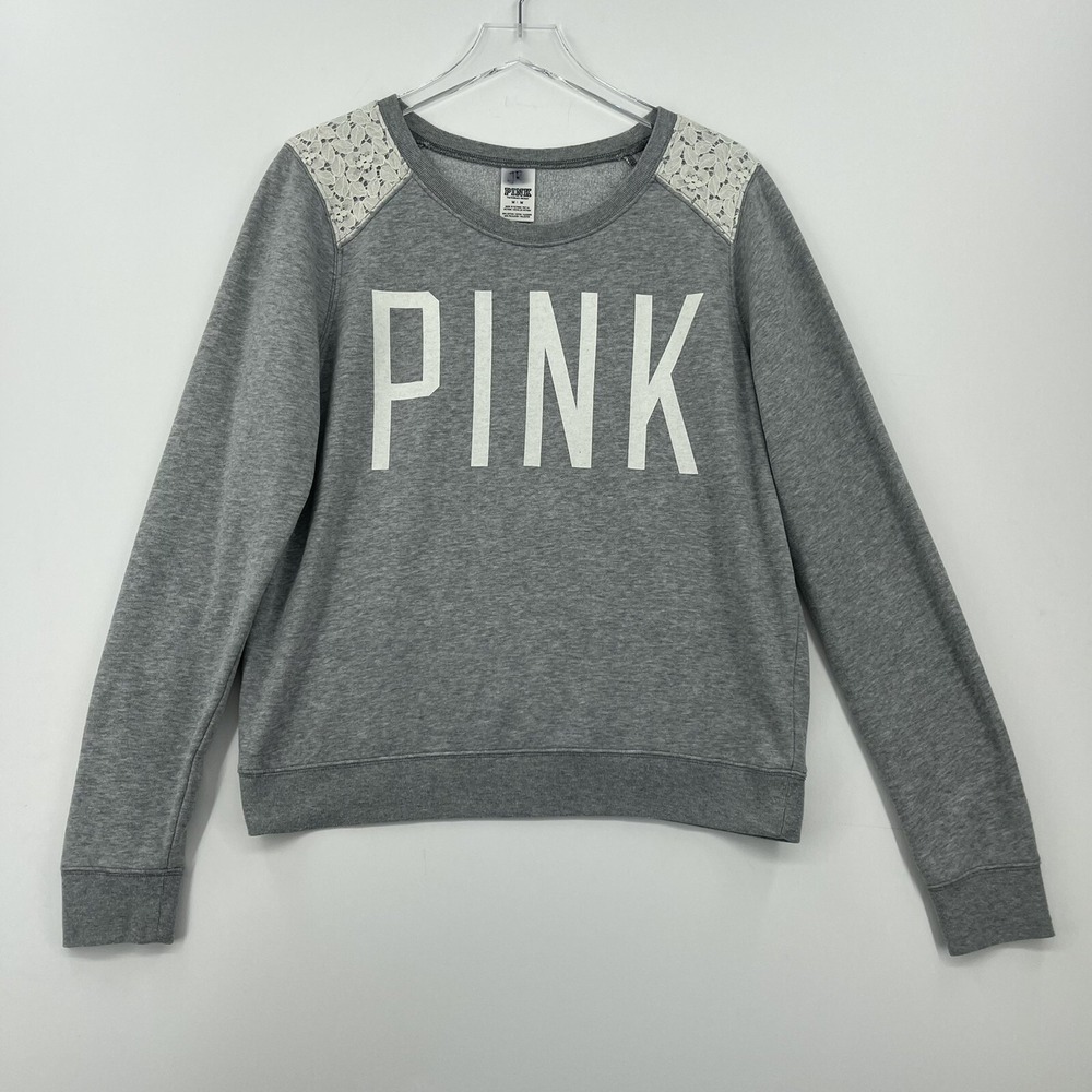 Victoria's Secret PINK Womens Sweater Medium Gray Floral Lace Long Sleeve Shirt
